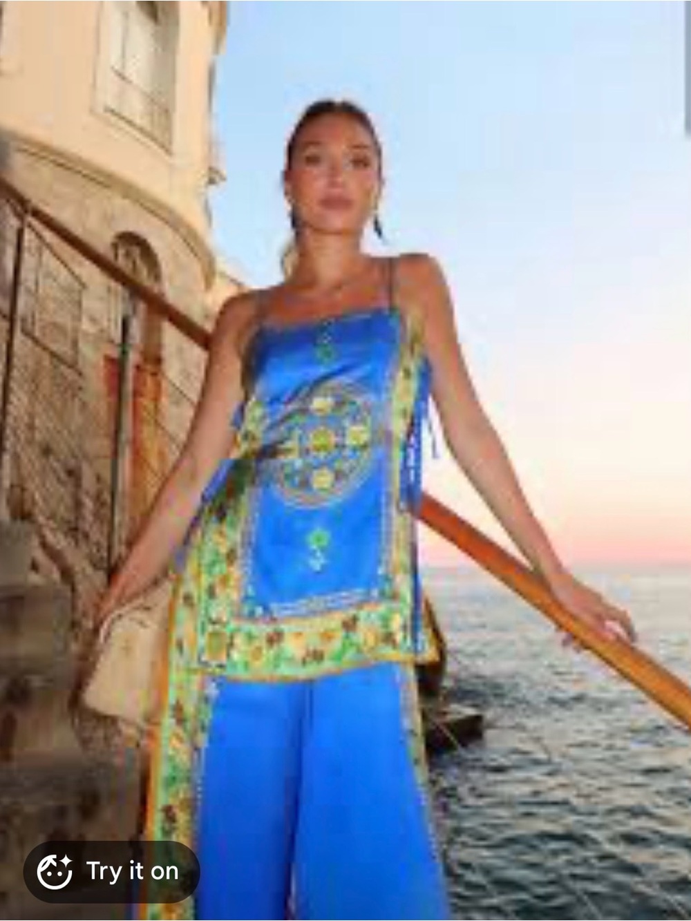 ALEMAIS Blue Medallion LINDA TOP — Tank with Green and Orange Accents, ties - Picture 4 of 8